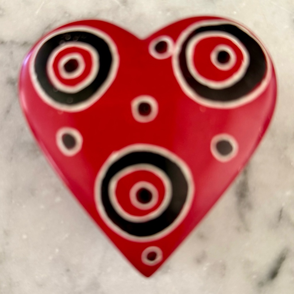 Red Heart Trinket Box with Black and White Concentric Accents